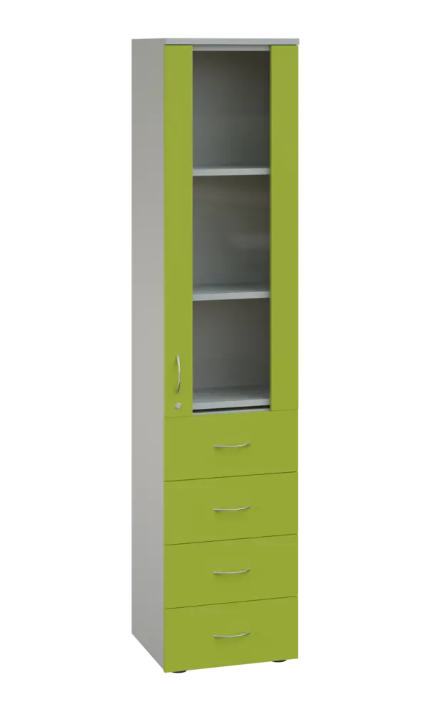 LE - 44 skříň léková prosklená, pravá, korpus šedý, dvířka jarní zeleň